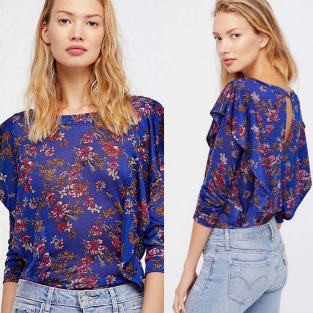 Free People Dock Street Ruffle Floral Keyhole Boho top Size Small - Picture 1 of 4